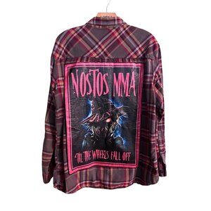 Mens Columbia Red Plaid Flannel Shirt W/ Nostos MMA Graphic & Patches XL
